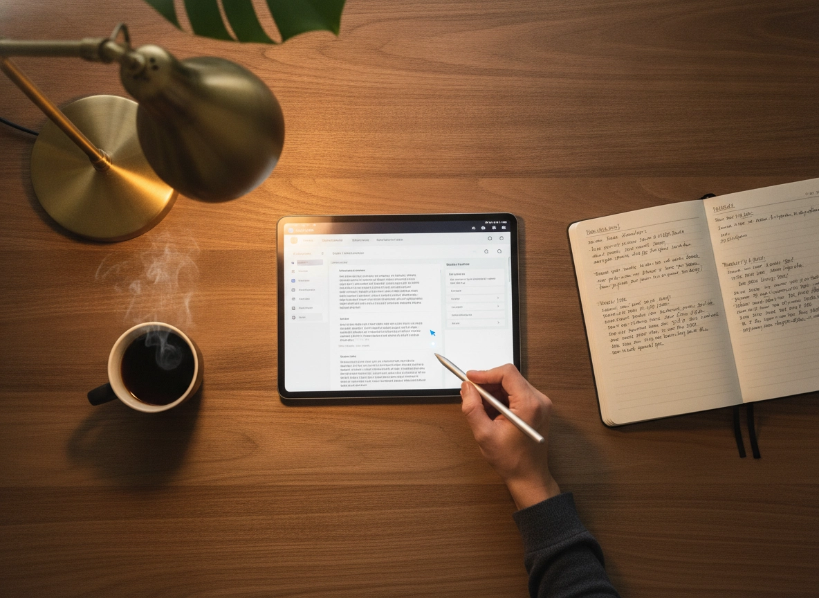 Person using an AI SEO content generator on a tablet for efficient human editing workflow.