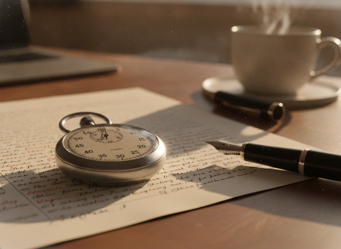 Stopwatch and pen on edited document, highlighting editorial workflow efficiency in content scaling.