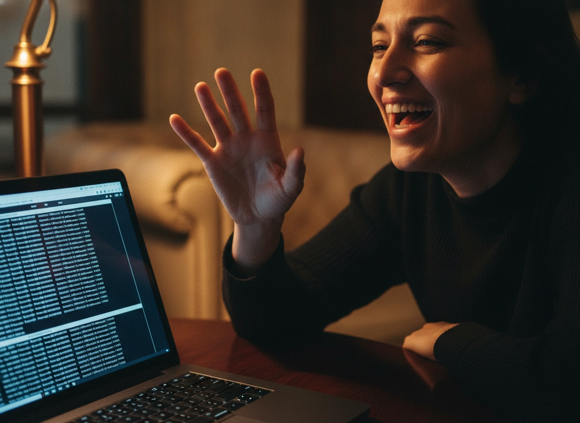 A woman laughing while using an ai content marketing tool on her laptop.