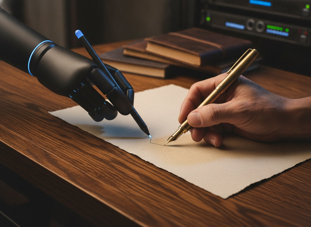 A robotic hand and human hand writing together using ai content marketing software.