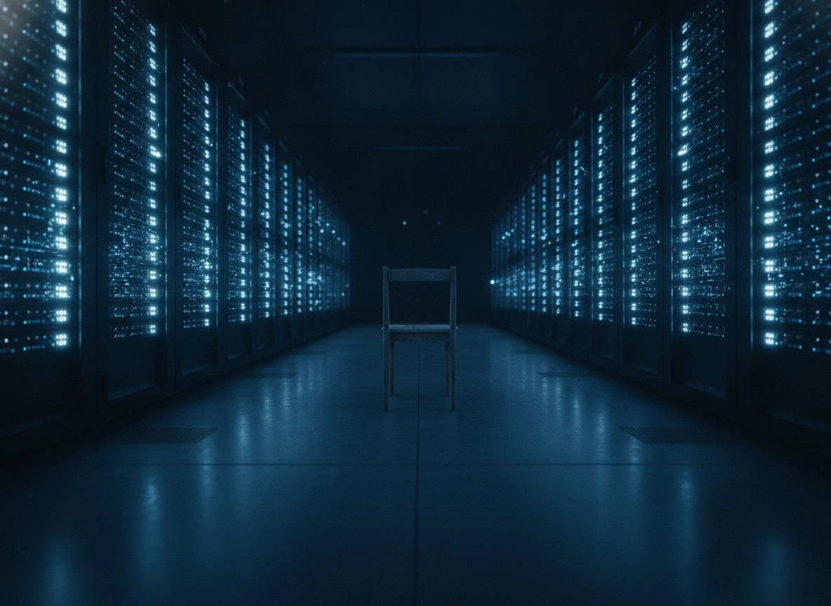 A lone chair in a server room, highlighting the need for human oversight in seo content writing tools.