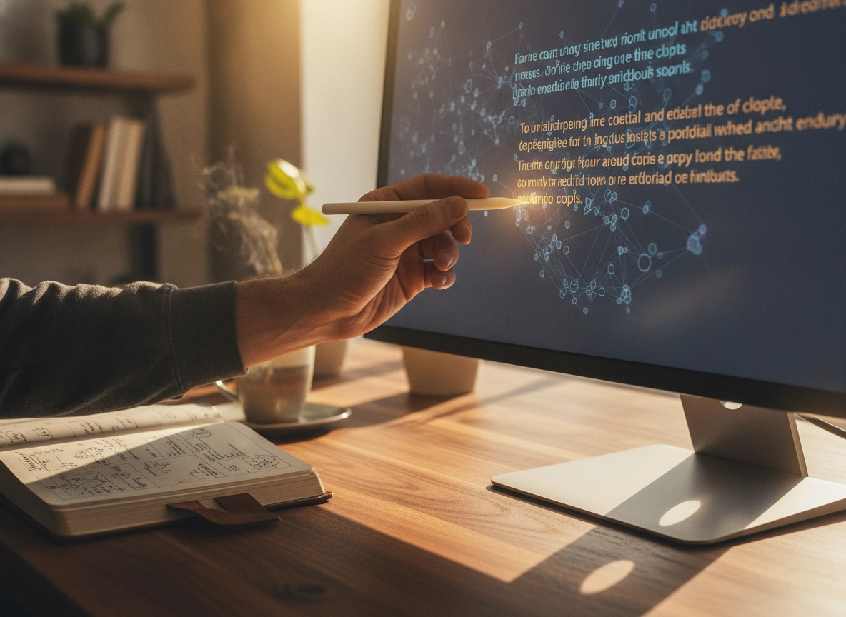 Person using an ai seo content generator on a computer screen to refine digital copy and strategy.