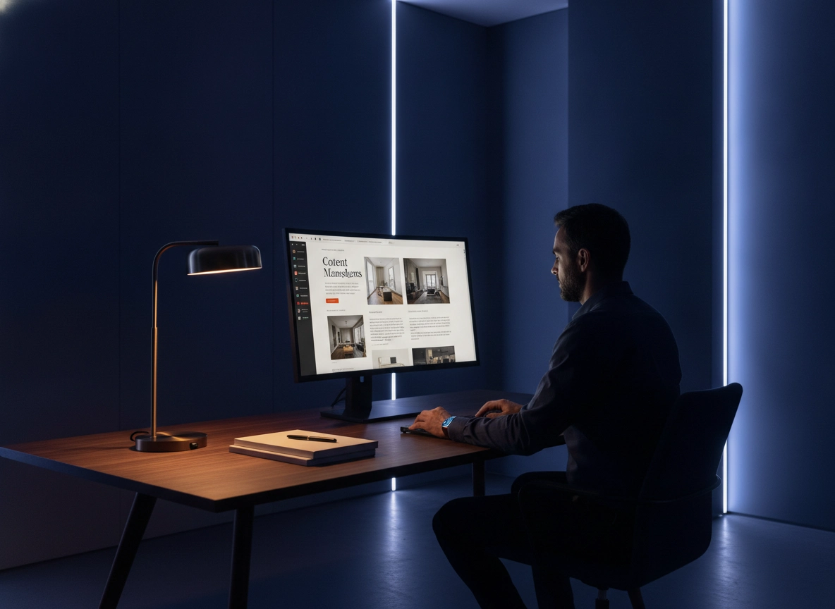 A professional using an AI seo content generator on a desktop computer in a modern, dimly lit office.