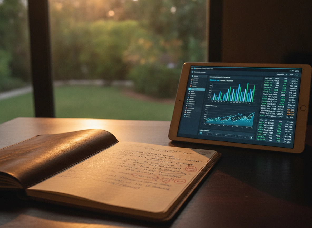 A tablet displaying seo content writing software analytics next to a handwritten notebook on a desk.
