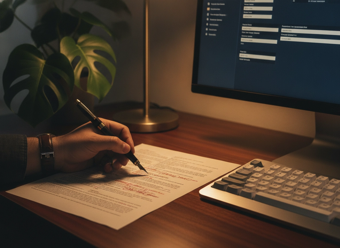 Person editing AI content with a pen, optimizing their SaaS content strategy and workflow.