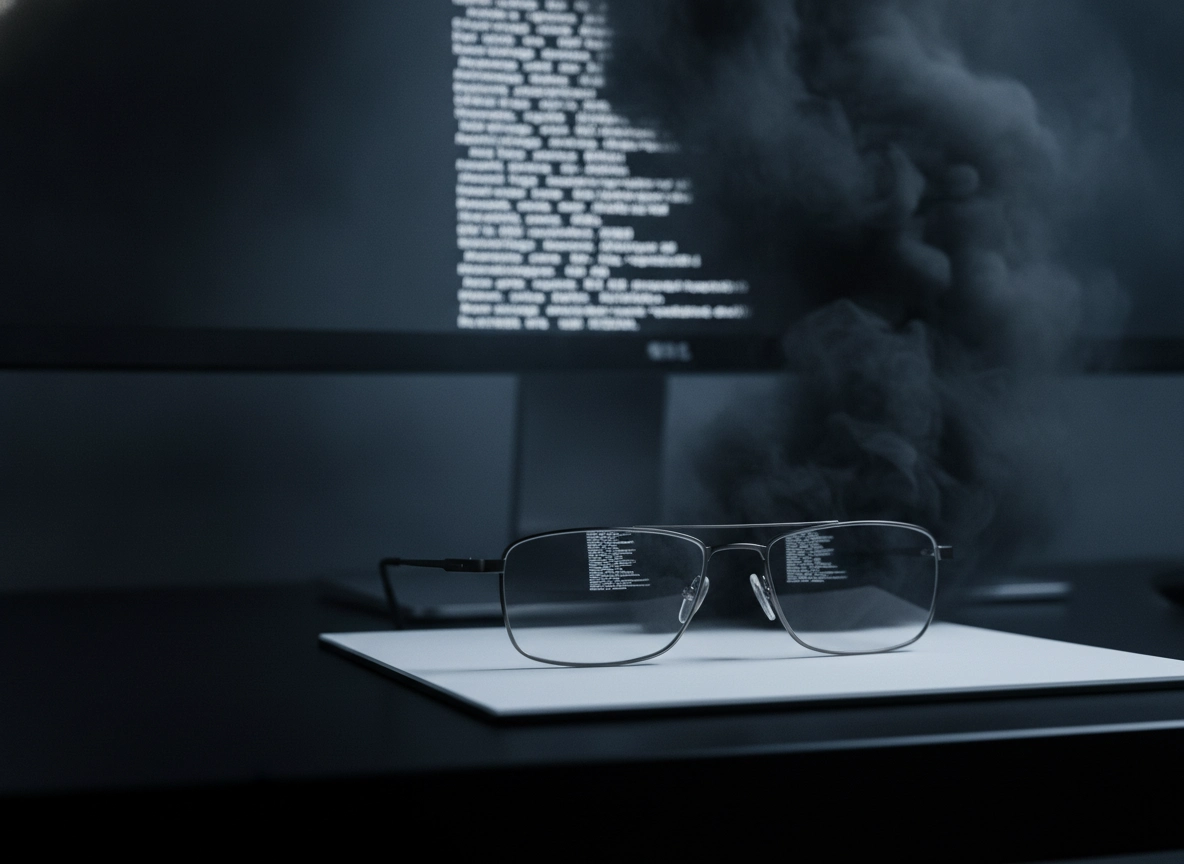 Glasses on a desk with code on a screen, representing an AI SEO content generator in action.