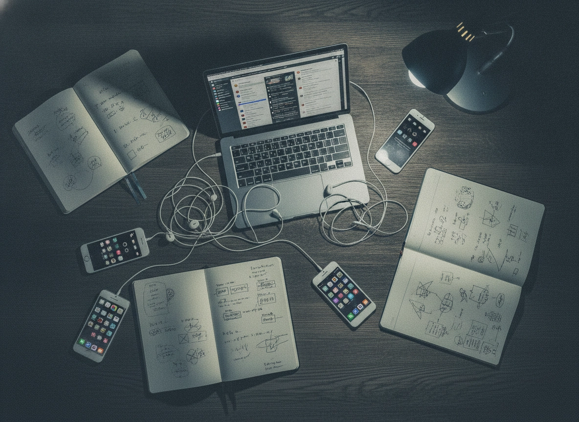 Top-down view of scattered notes and devices, showing the need for better seo content writing software.