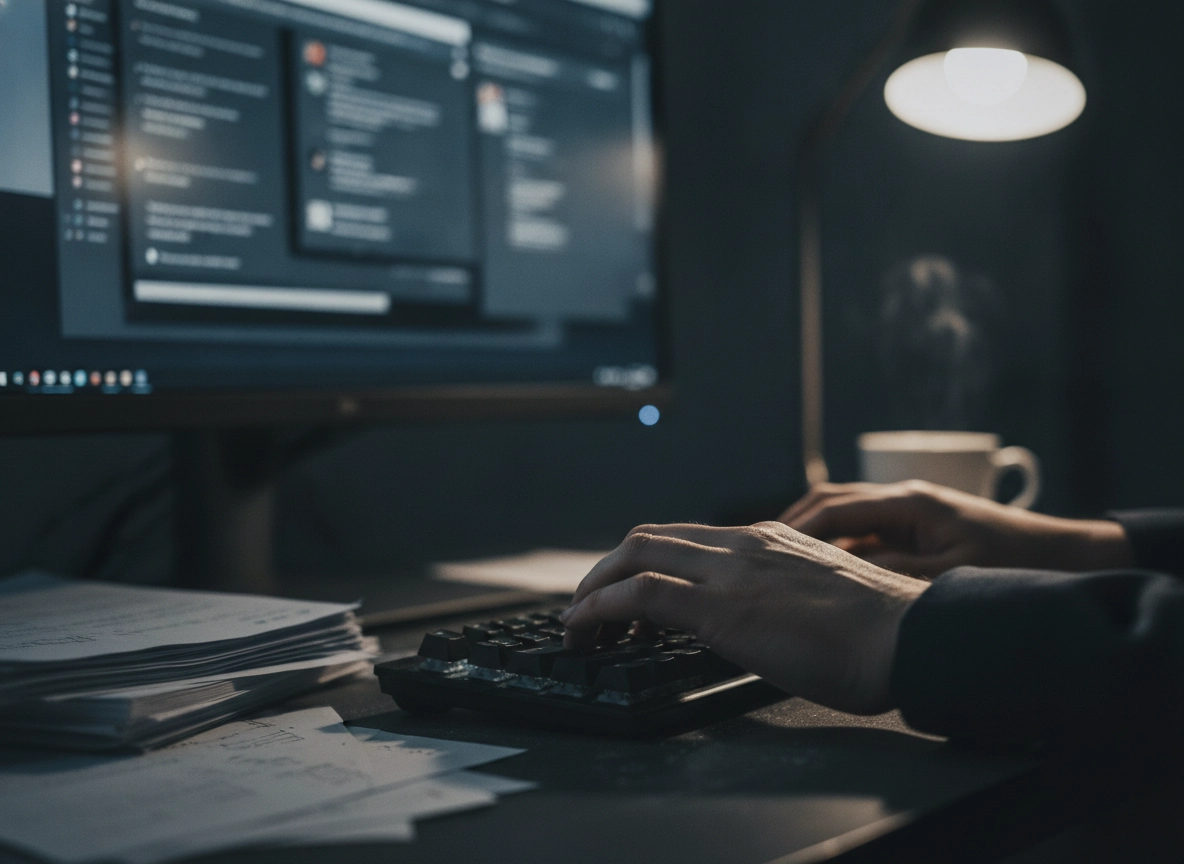 Person typing on a keyboard, using AI writing tools to automate content creation at night.