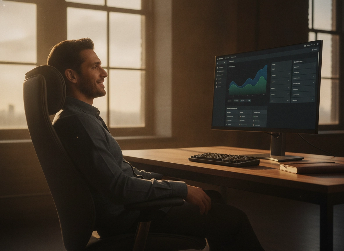 A professional using best seo writing software to automate content creation on a desktop monitor.