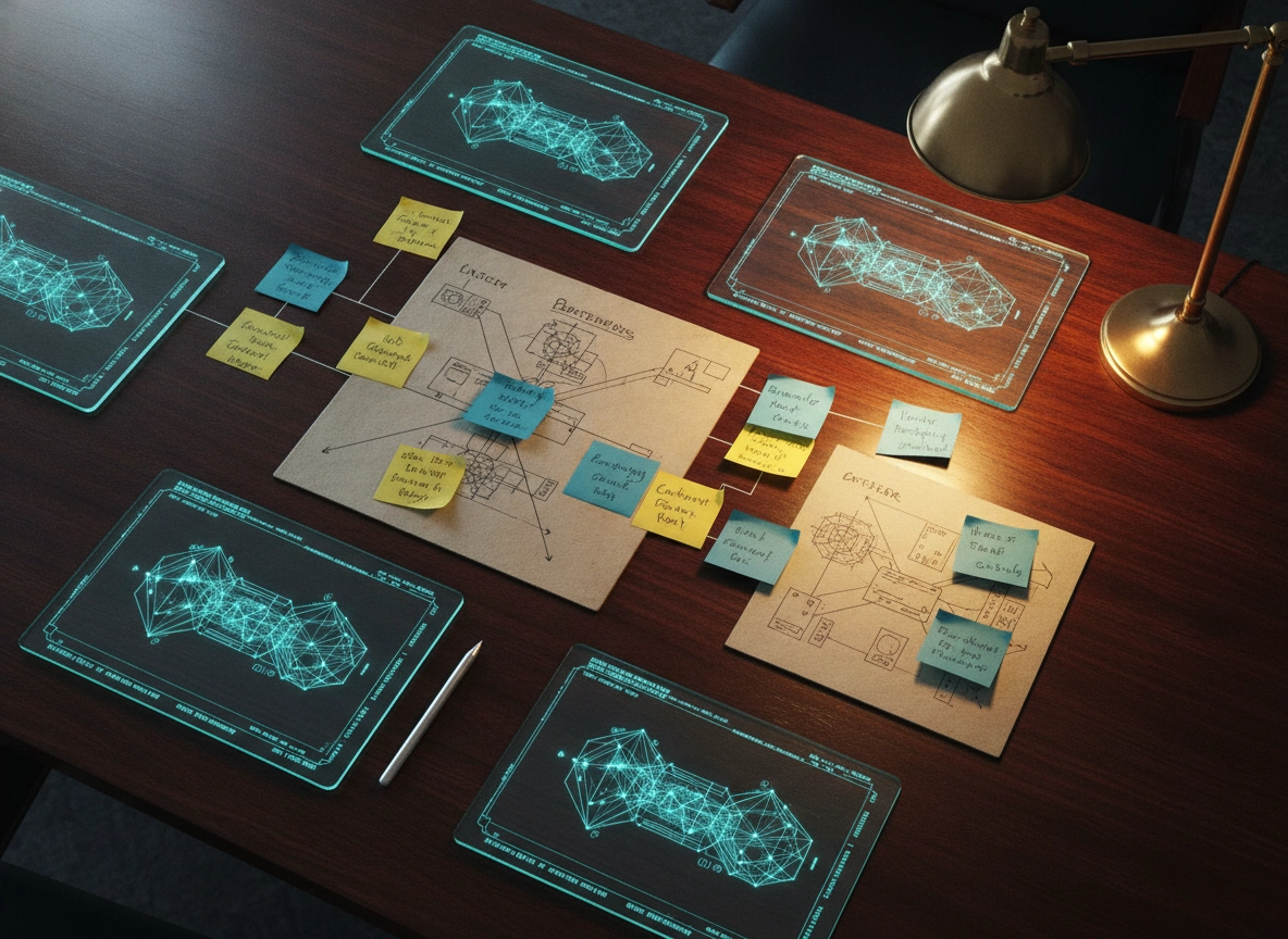 Desk with digital screens and notes for seo workflow automation planning.
