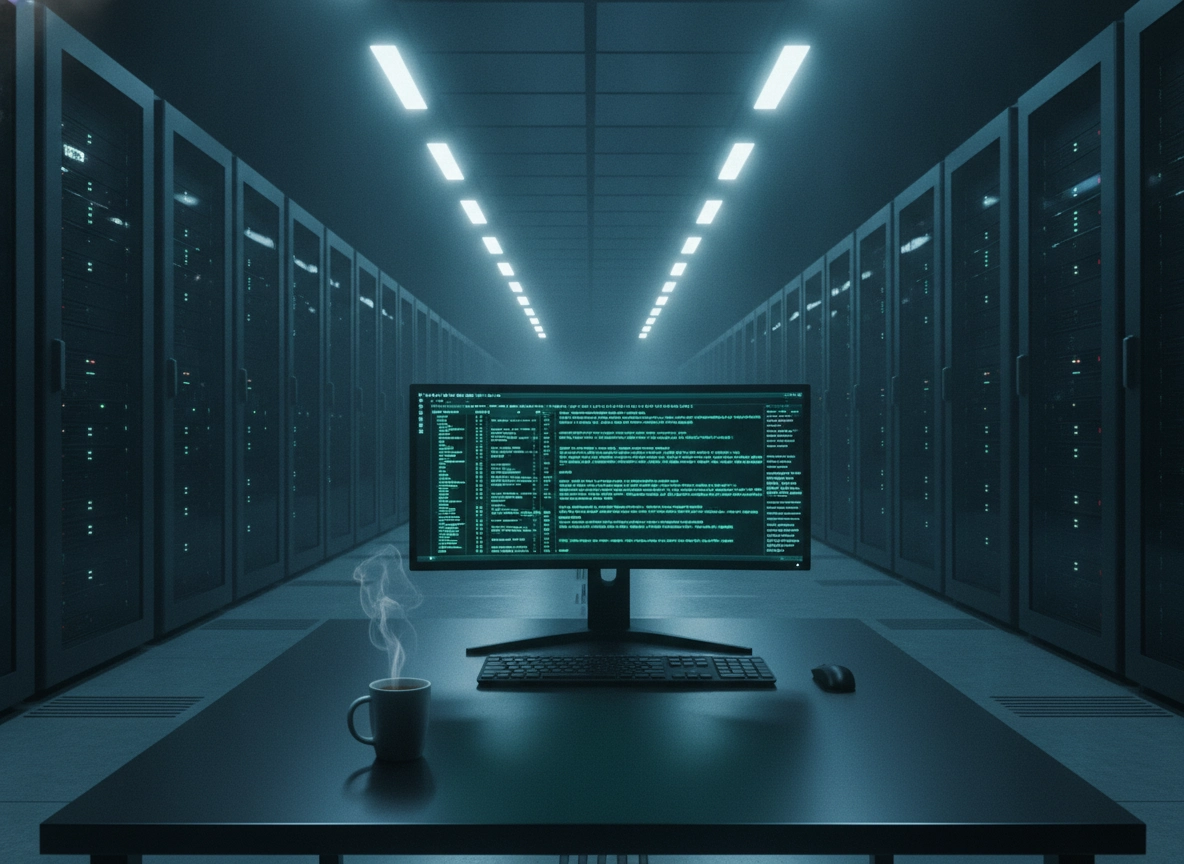 Server room with a monitor displaying code, illustrating automated seo workflows.