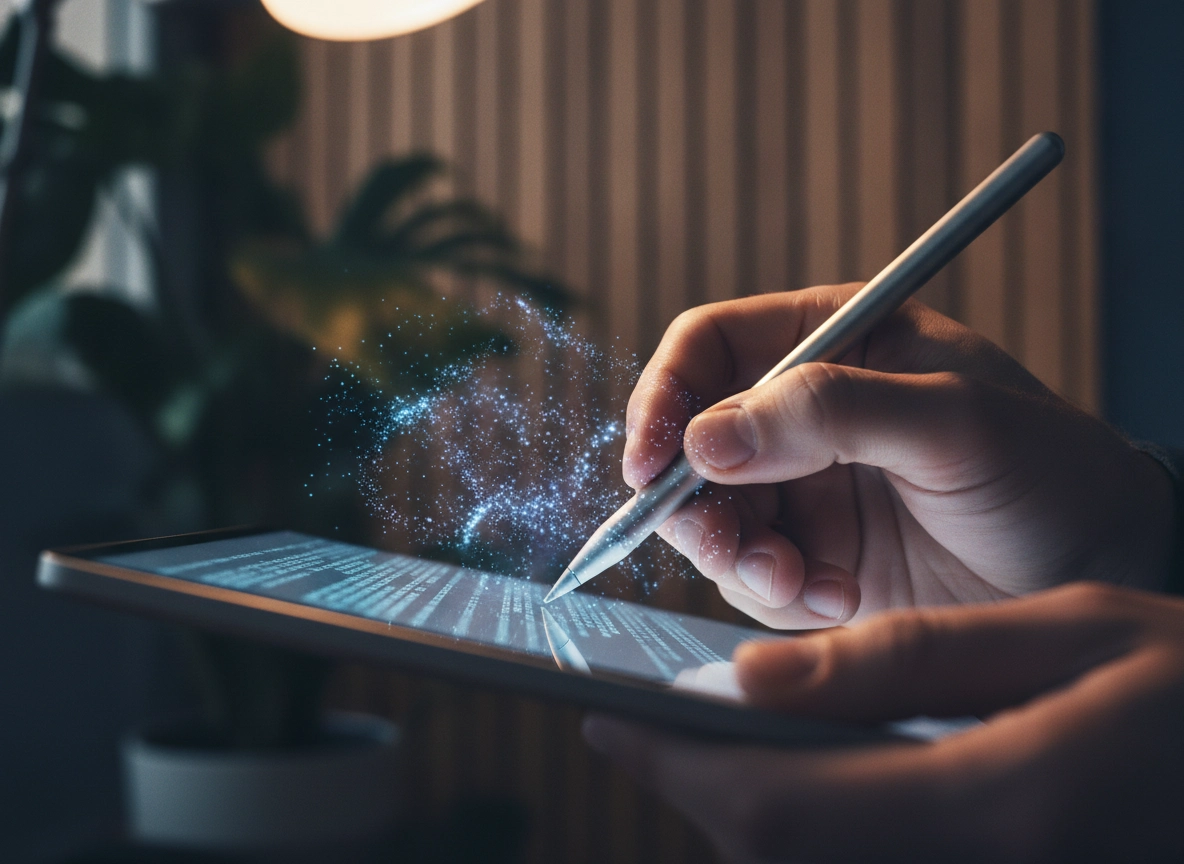 Hand using stylus on tablet with AI powered blog generator digital particles.