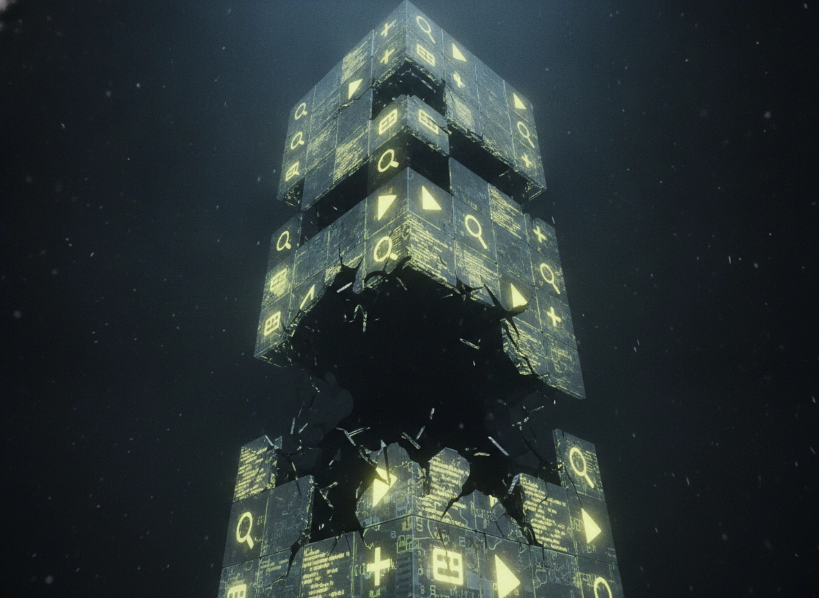 Cracked digital monolith representing poor content automation accuracy.