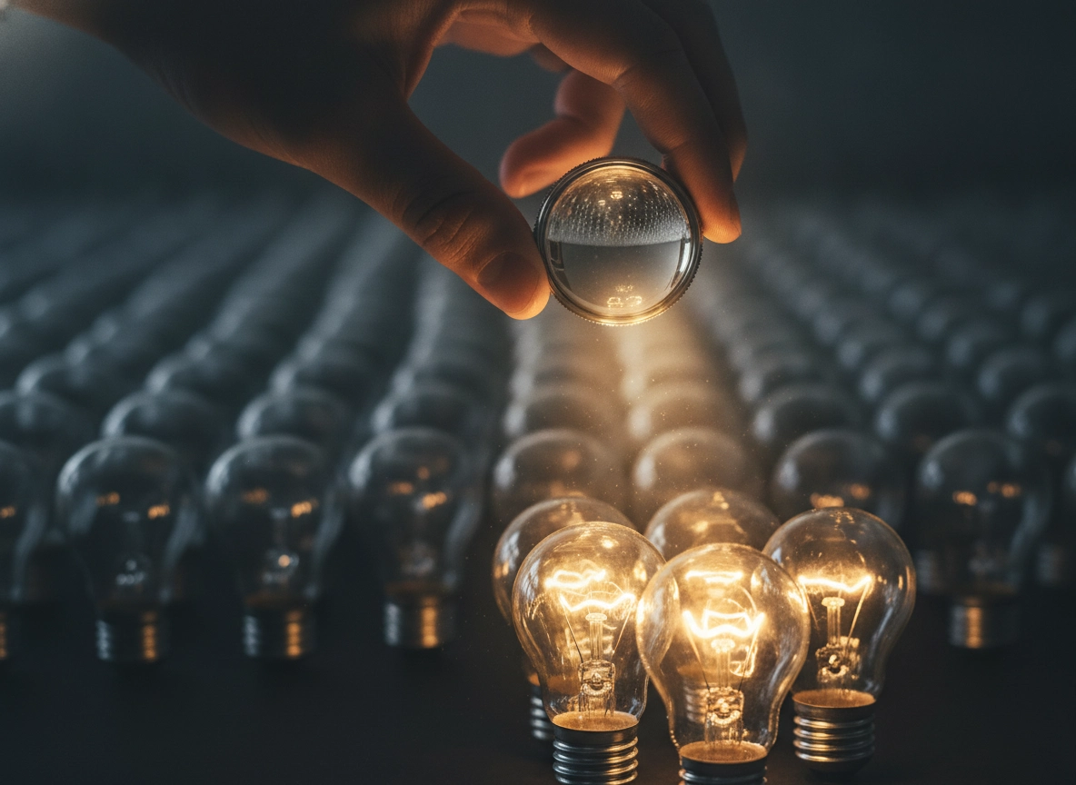Hand holding a lens over lightbulbs, representing the best AI writing tools for search intent optimization.