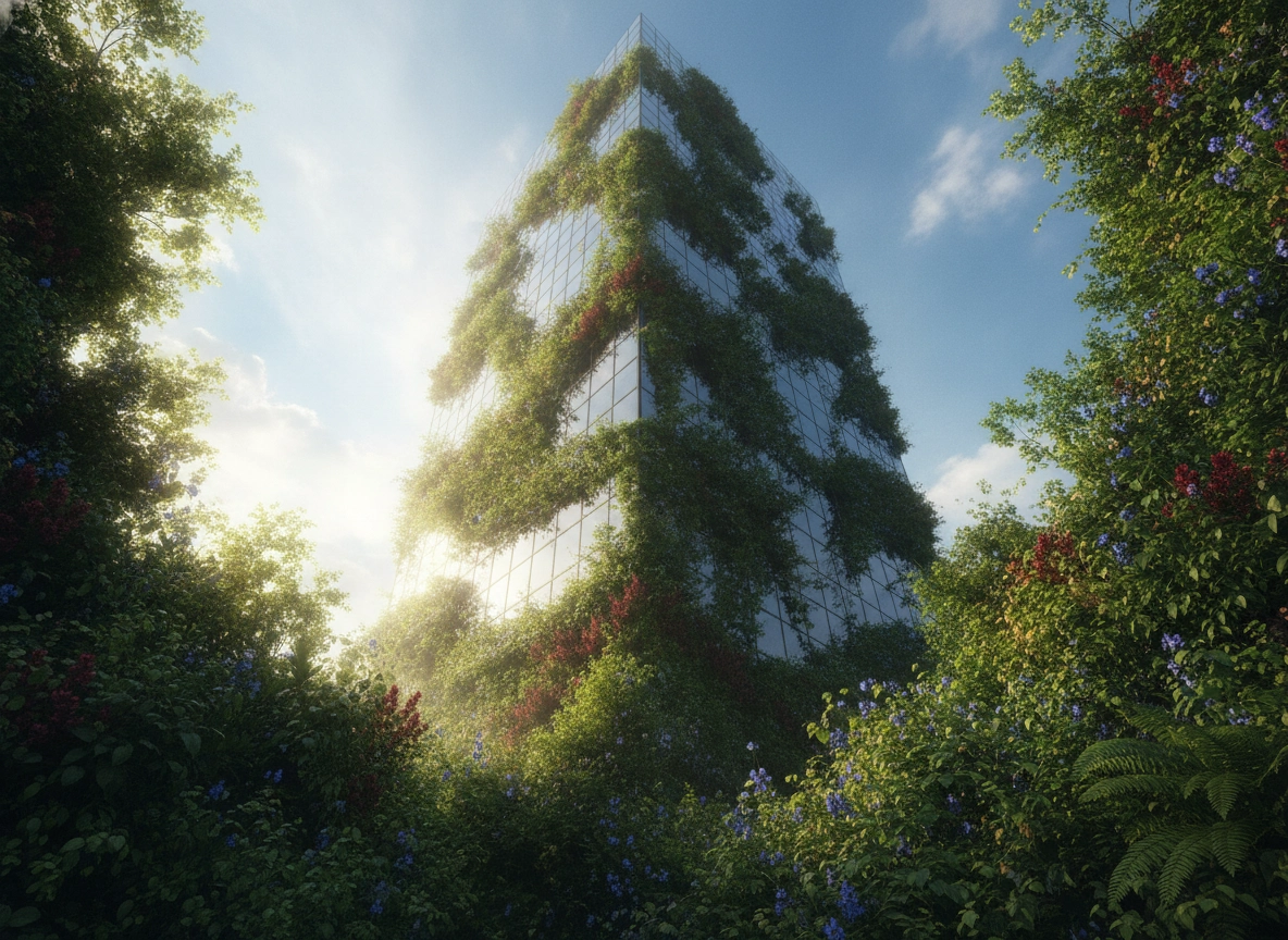 Modern glass building covered in lush greenery, symbolizing growth with an ai seo content generator.