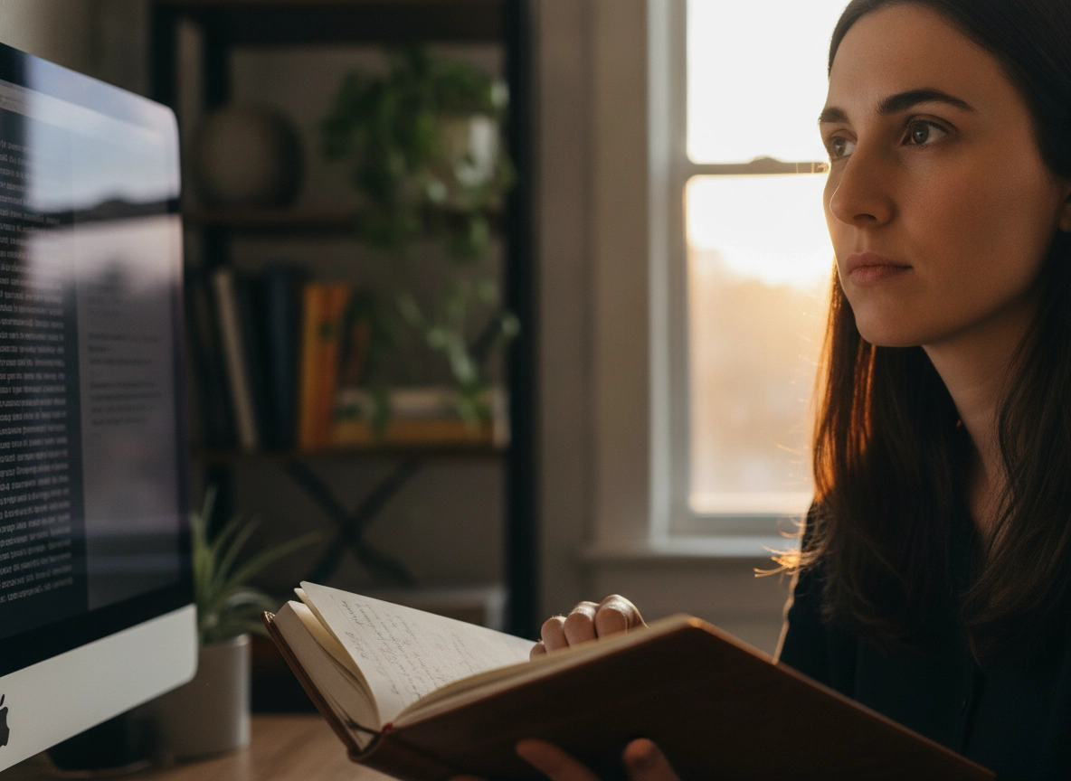 A woman using an ai writing editor to improve search intent optimization for her content strategy.