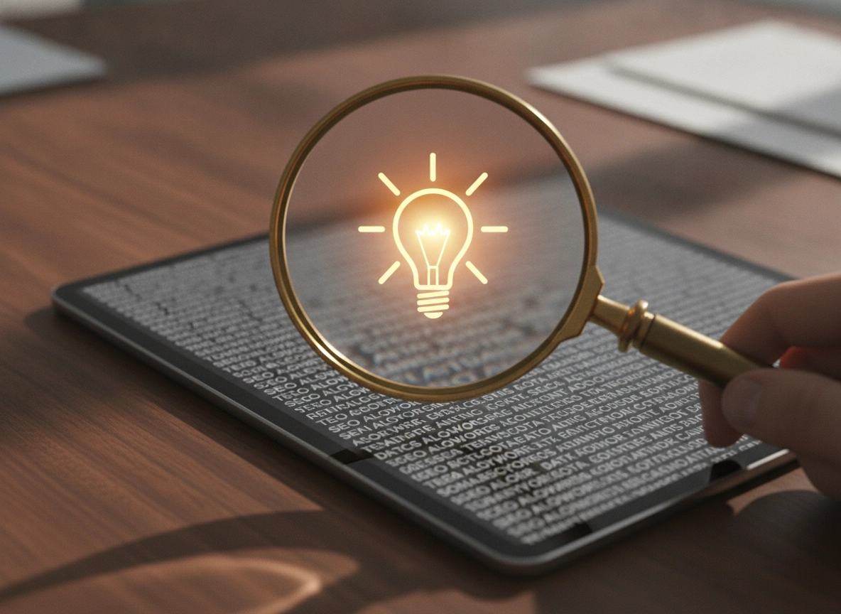 A magnifying glass over text highlights a lightbulb, symbolizing automated search optimization.