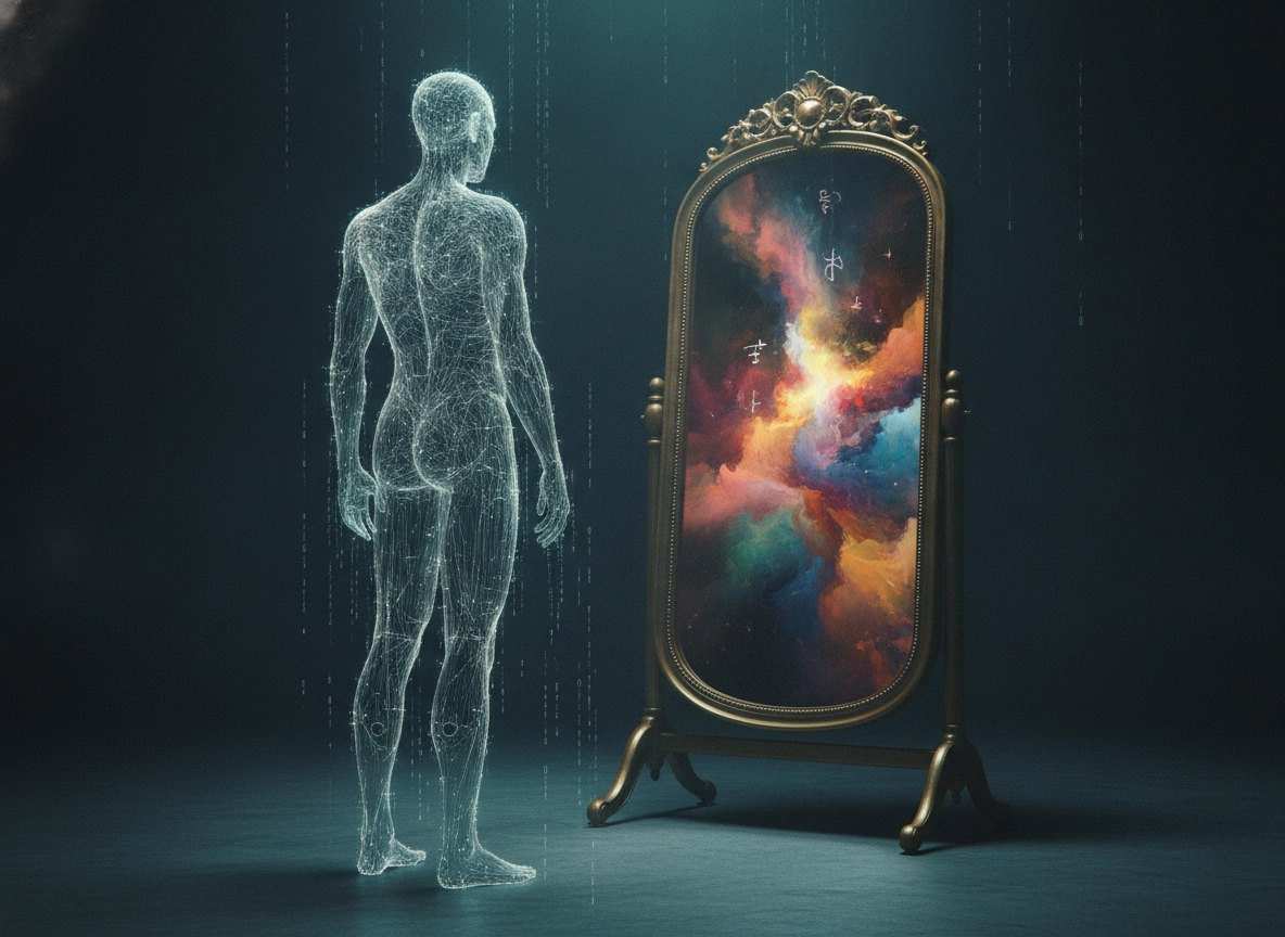 A digital human figure looks into a mirror, representing AI content strategy and matching user intent.