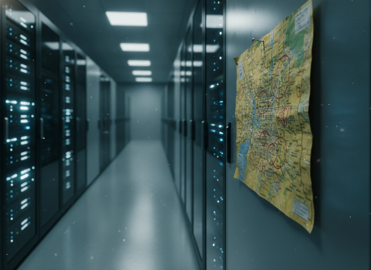 A map with red circles pinned to a server rack, illustrating automated search optimization challenges.