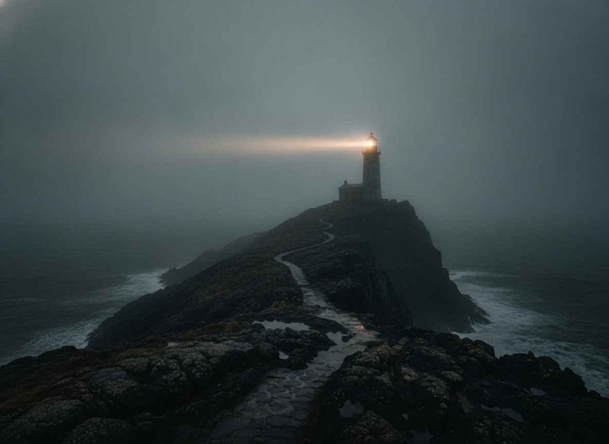 Lighthouse beam guiding AI content strategy to match user intent through search engine optimization.