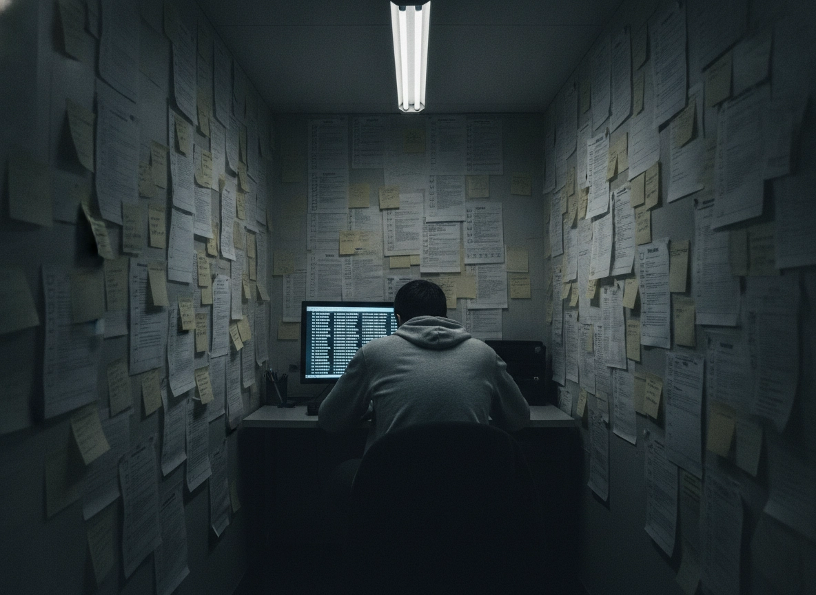 A person working at a computer surrounded by notes, illustrating the shift to automated content creation.