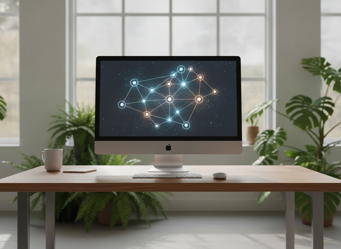 Desktop monitor displaying a semantic topic cluster creation map for SEO content strategy.