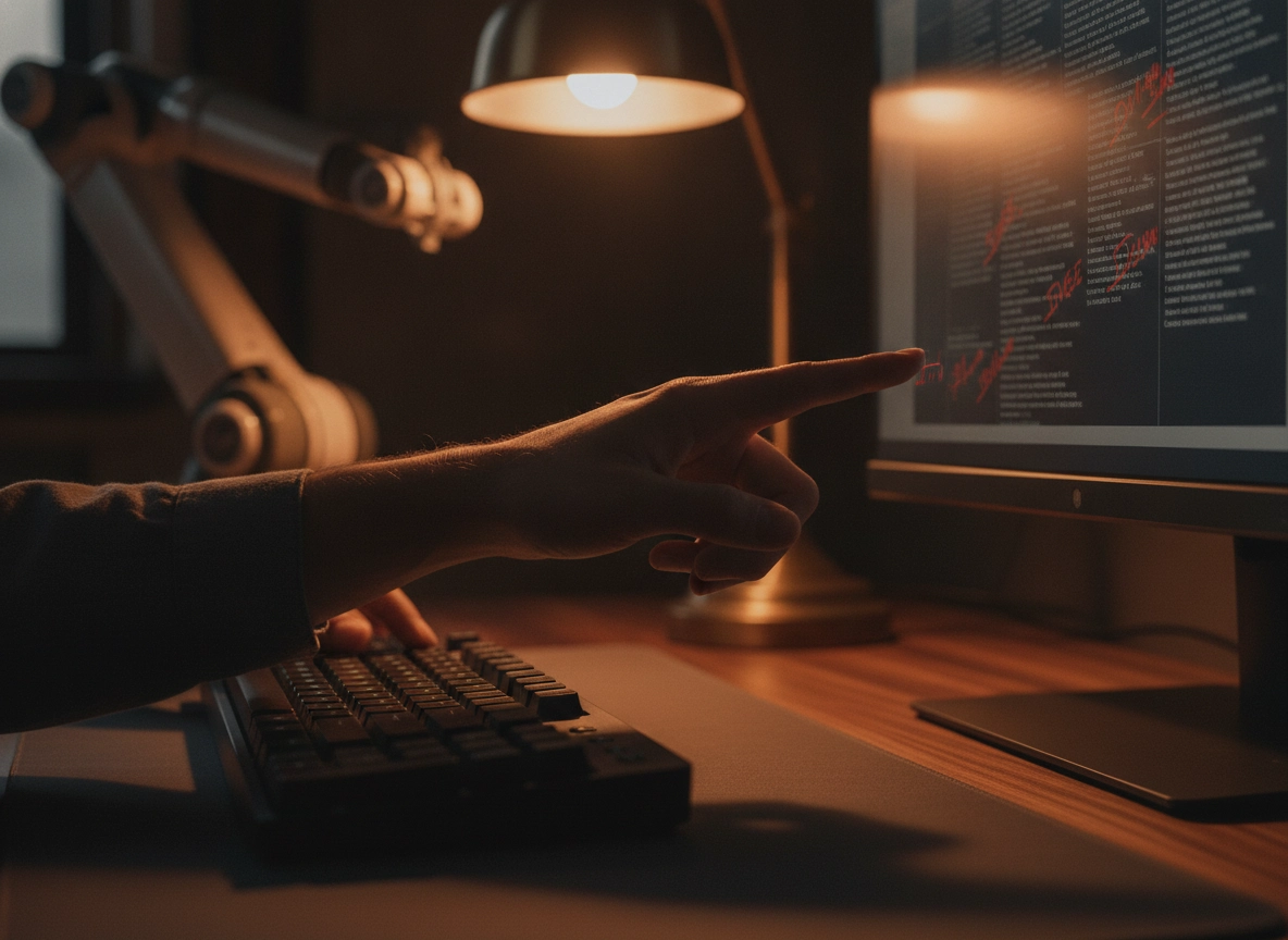 A hand pointing at automated content creation software on a screen for SEO blog writing.