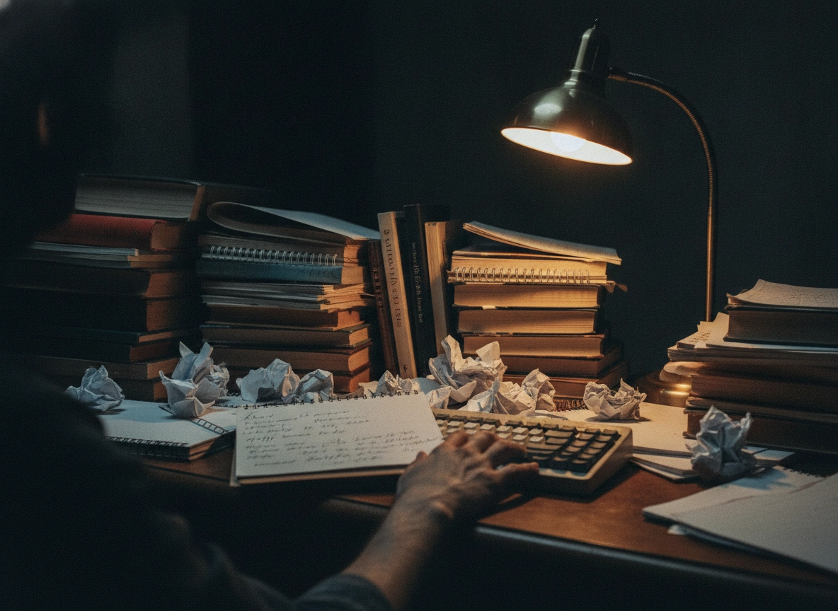 A cluttered desk with books and paper, representing the slow, traditional SEO content drafting process.
