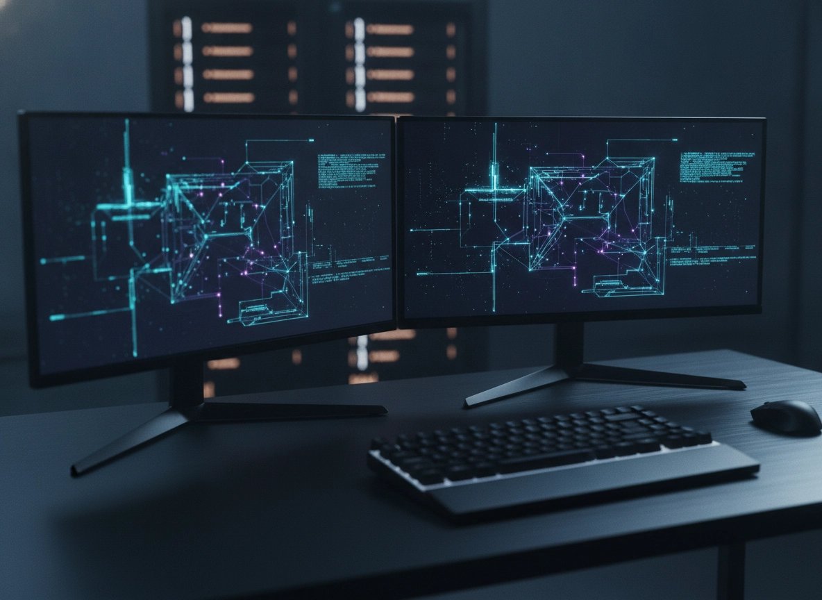 Dual monitors displaying data for an AI SEO article writer workflow.