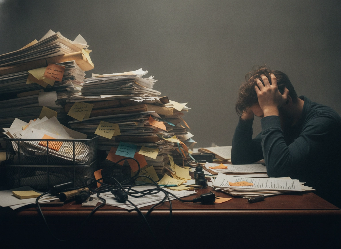 A stressed person with paperwork, showing why you need automated copywriting software to save time.