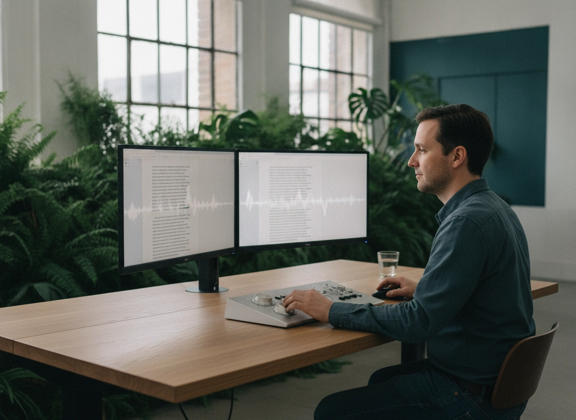 Editor using an AI content marketing tool to automate content creation on dual monitors.