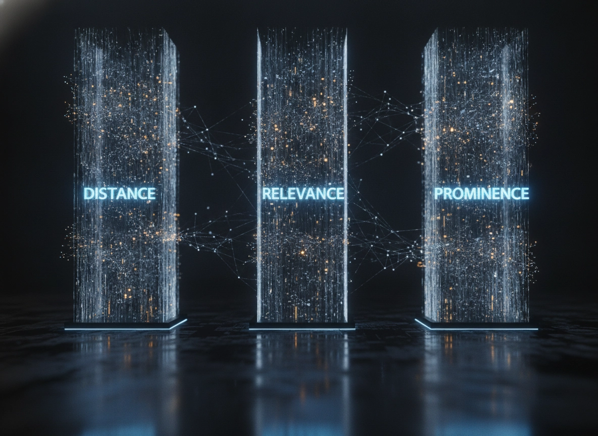 Digital pillars representing distance, relevance, and prominence for local map pack ranking success.