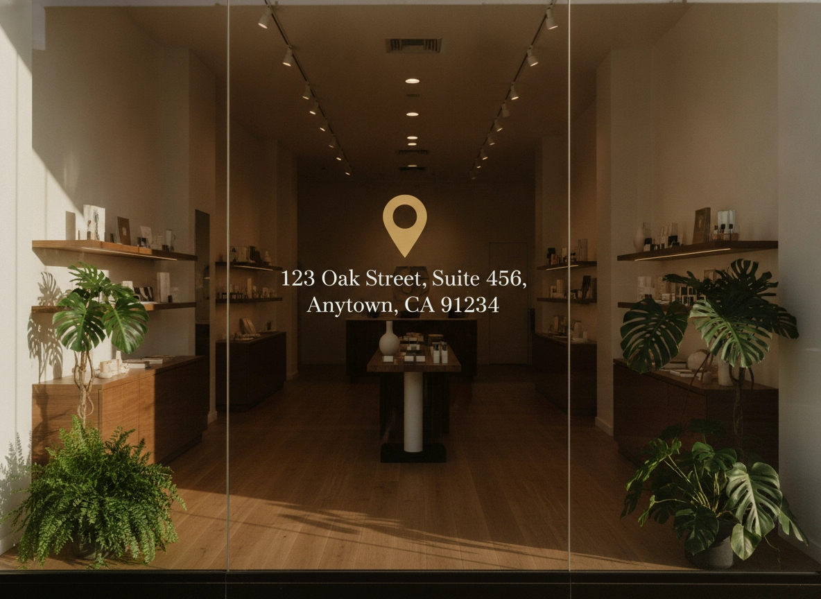Storefront with a location pin icon, key for optimizing Google Maps listing and local search visibility.
