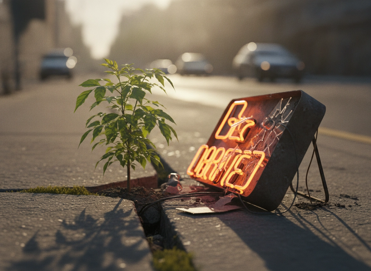 Small plant growing near neon sign, representing ROI on search engine optimization for local business.