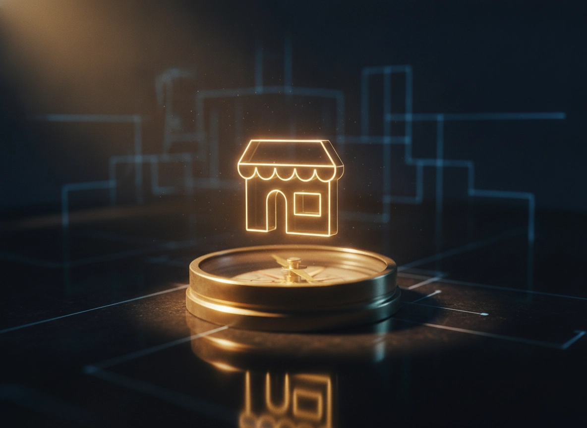 Glowing shop icon on a compass to improve local search visibility and Google My Business optimization.