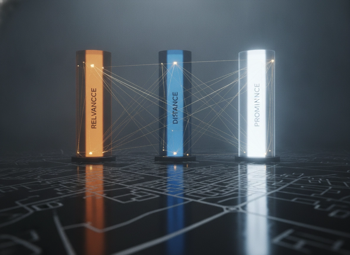 Three pillars representing Google map ranking factors like relevance, distance, and prominence.