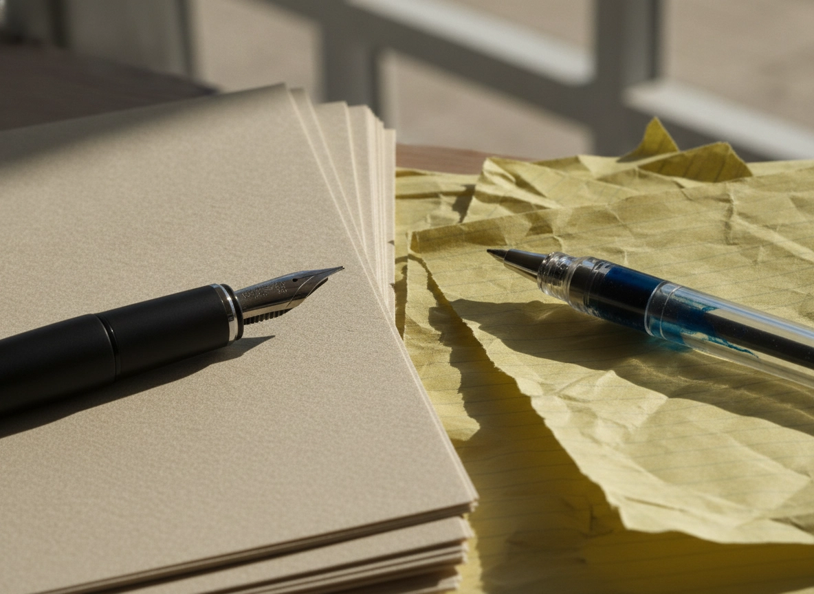 A fountain pen on clean paper versus a ballpoint on crumpled paper, comparing digital marketing pricing.