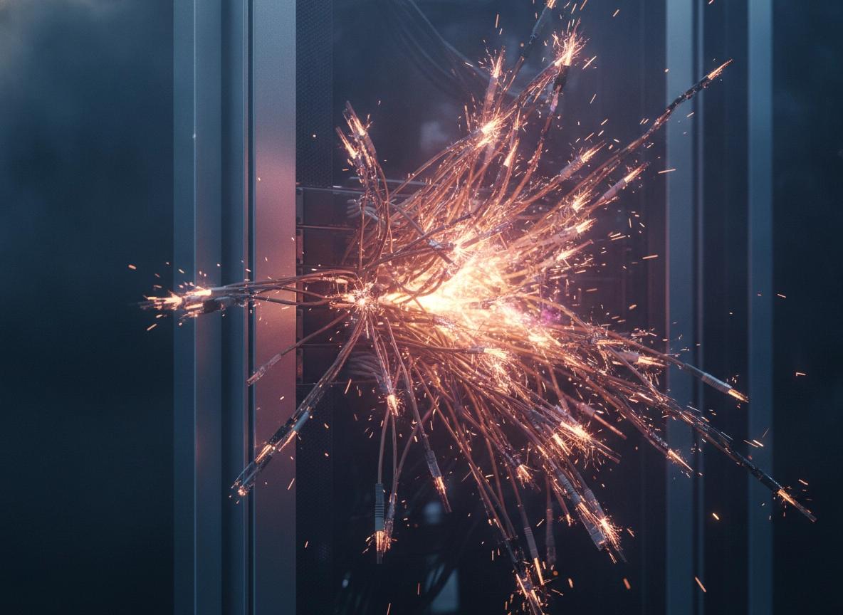 Electrical sparks flying from server cables, showing risks of cheap seo optimization service.