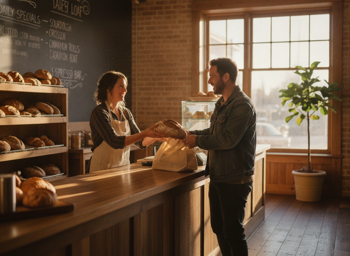 A local bakery owner serving a customer, representing successful local business ranking strategies.