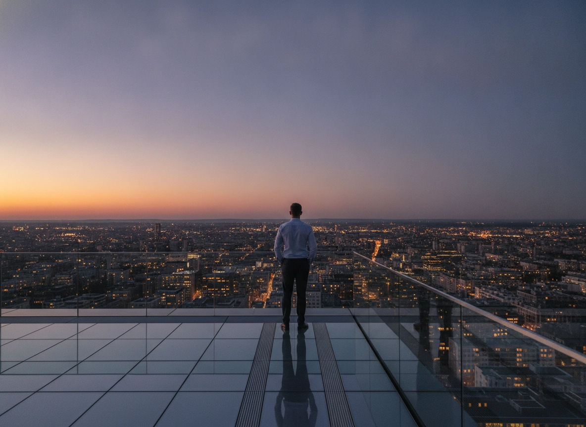 Man looking at city skyline, evaluating SEO optimization services for business growth.