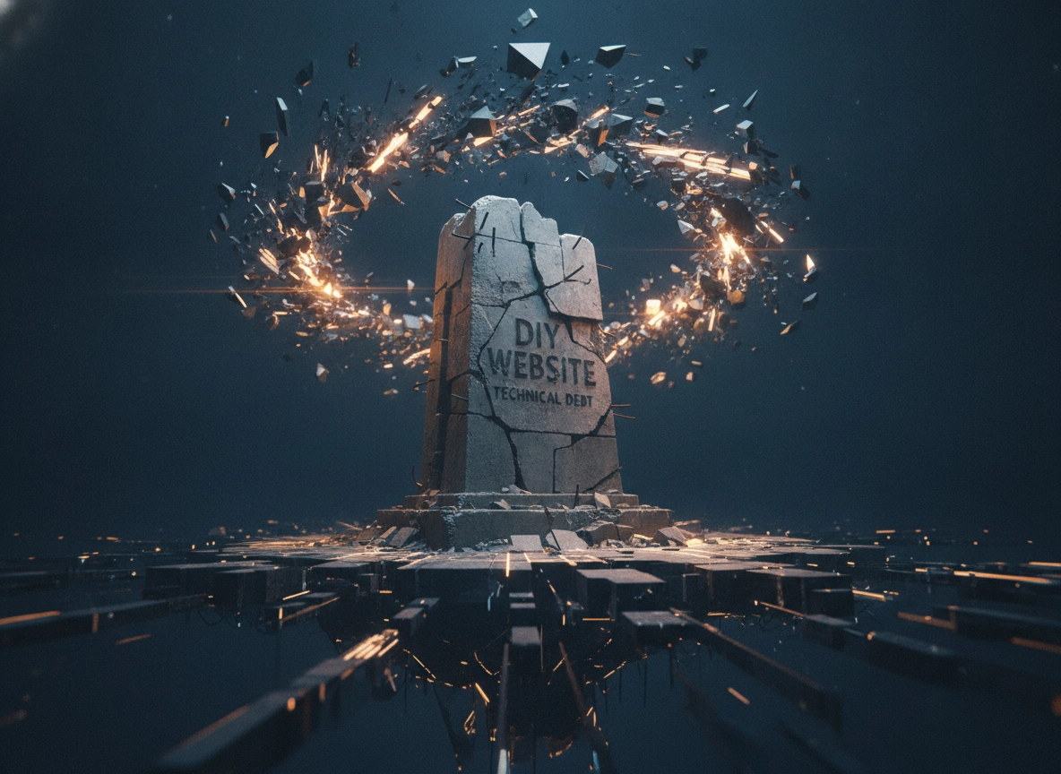 A crumbling stone monument labeled DIY website, illustrating the risks of poor search engine optimization.