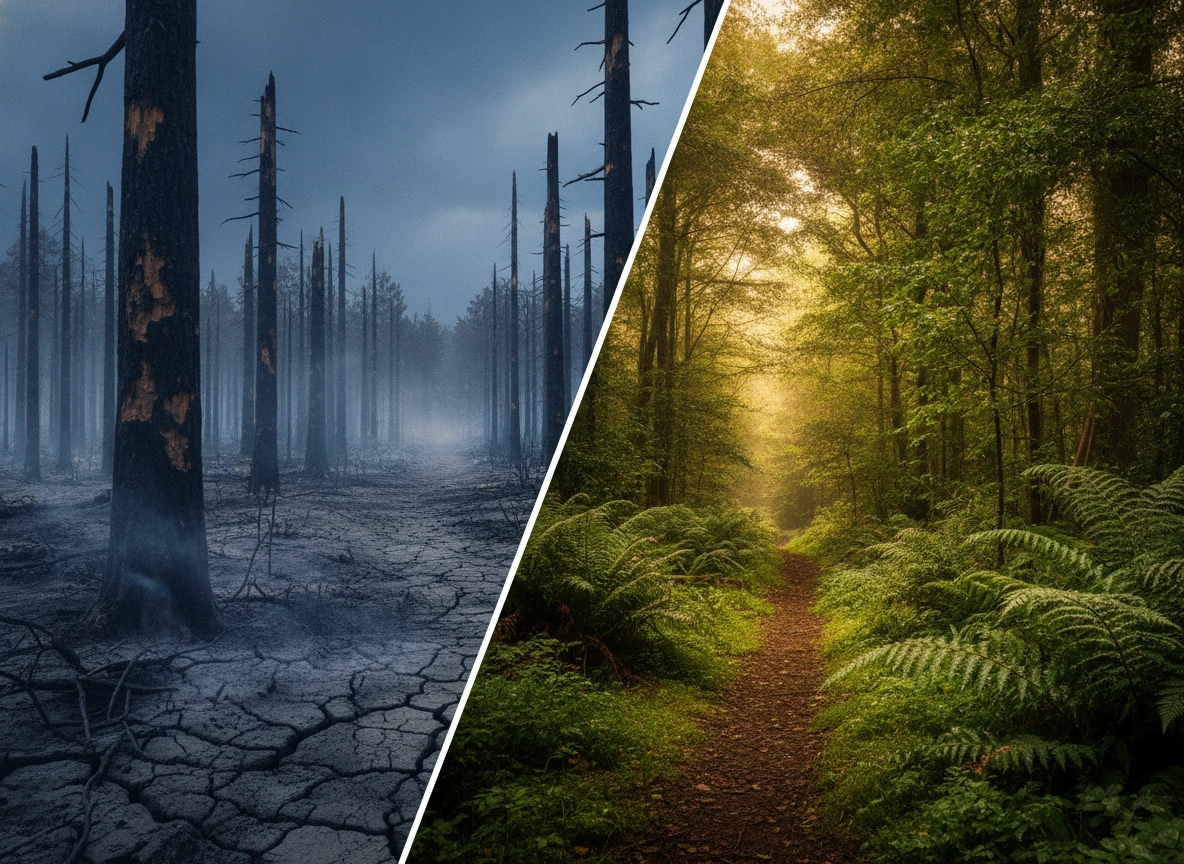 A split image showing a dead forest versus a lush one, representing organic growth tactics via SEO experts.