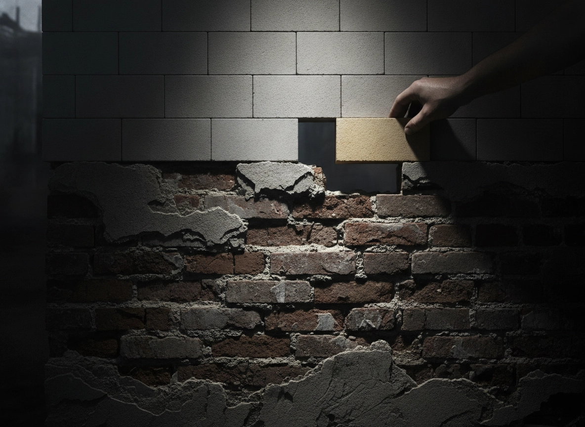 Hand placing a brick in a wall, representing a solid small business marketing investment strategy.