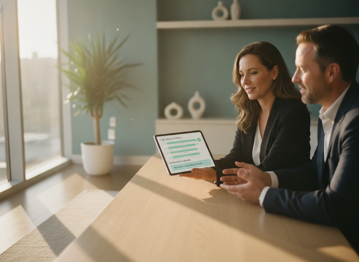 Business partners reviewing an SEO optimization cost breakdown on a tablet.