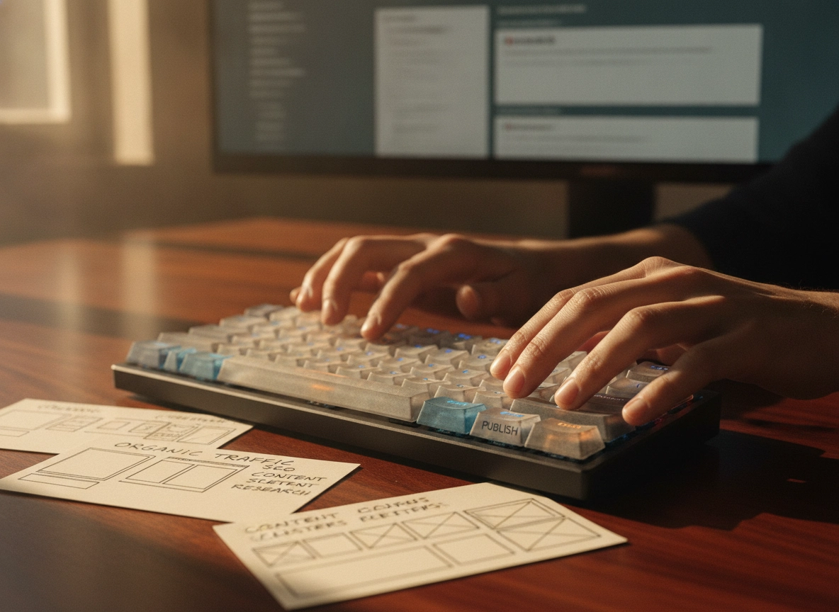 Hands typing on a keyboard to improve organic traffic growth through effective search engine optimization.