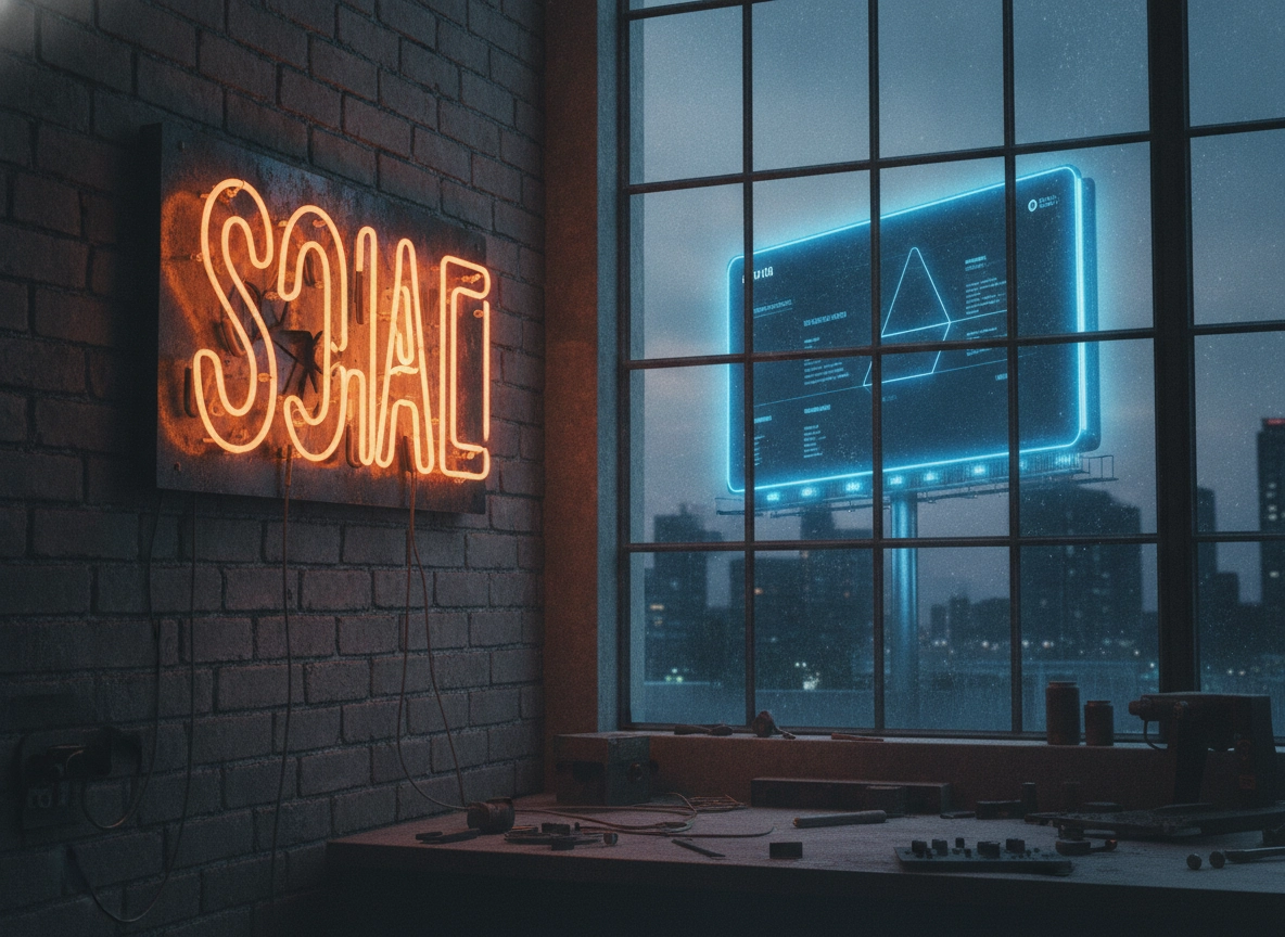 Neon SEO sign in a workshop, symbolizing small business visibility and digital marketing ROI.