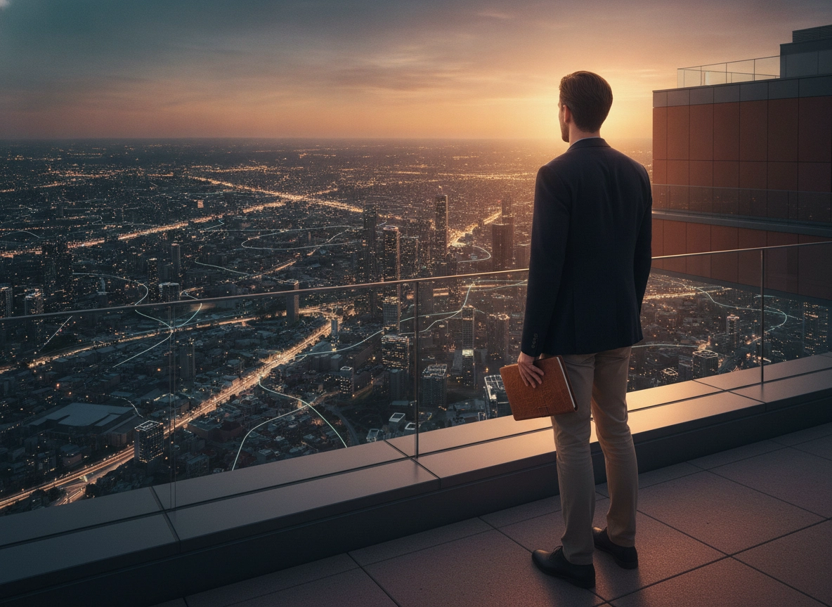 Business person looking at city lights to plan organic traffic growth and improve small business visibility.