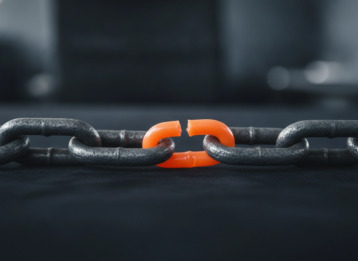 A broken orange chain link in a metal chain, symbolizing a failure in professional SEO management.