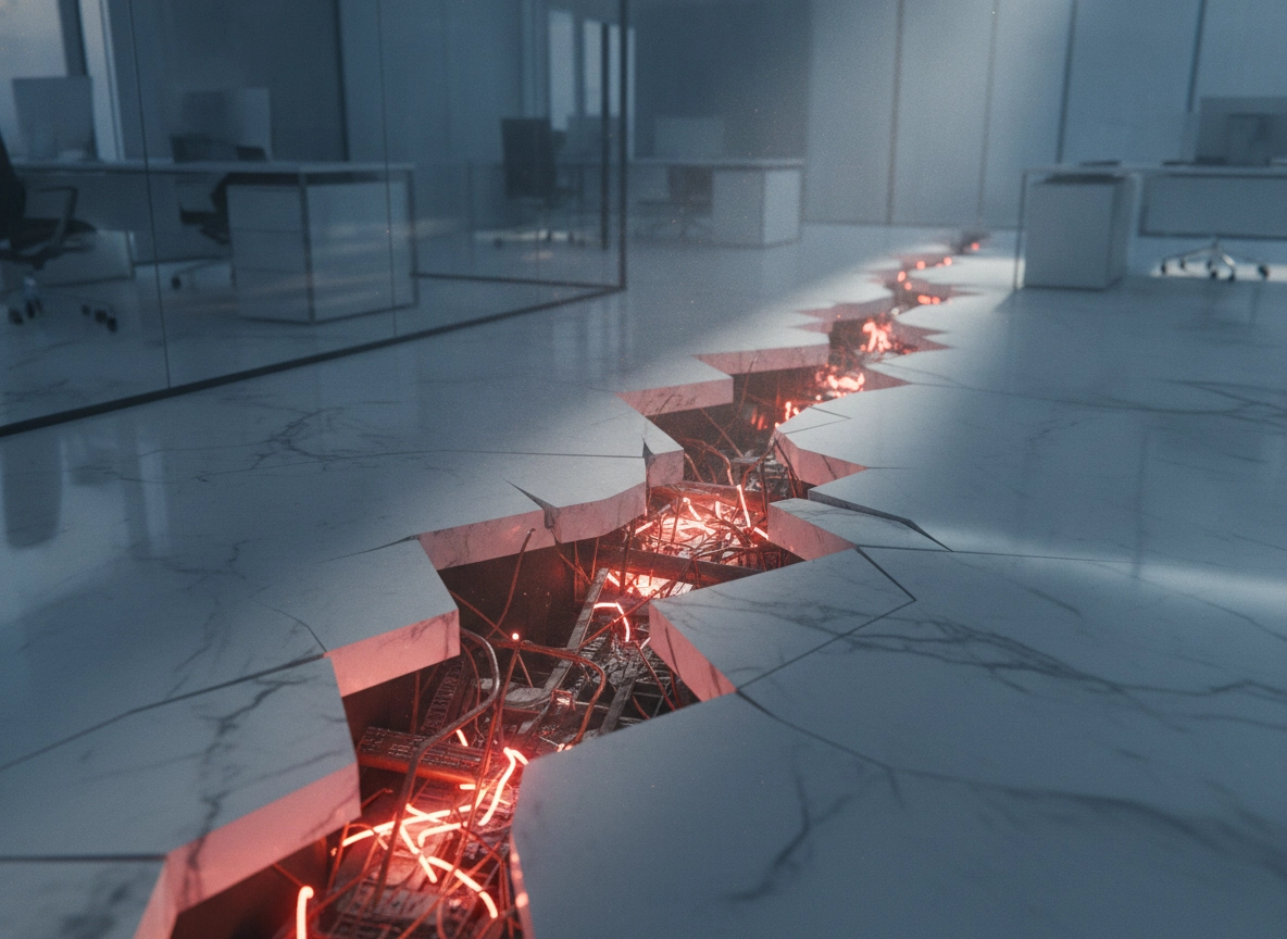 Cracked office floor with glowing red wires, symbolizing failed technical site optimization.