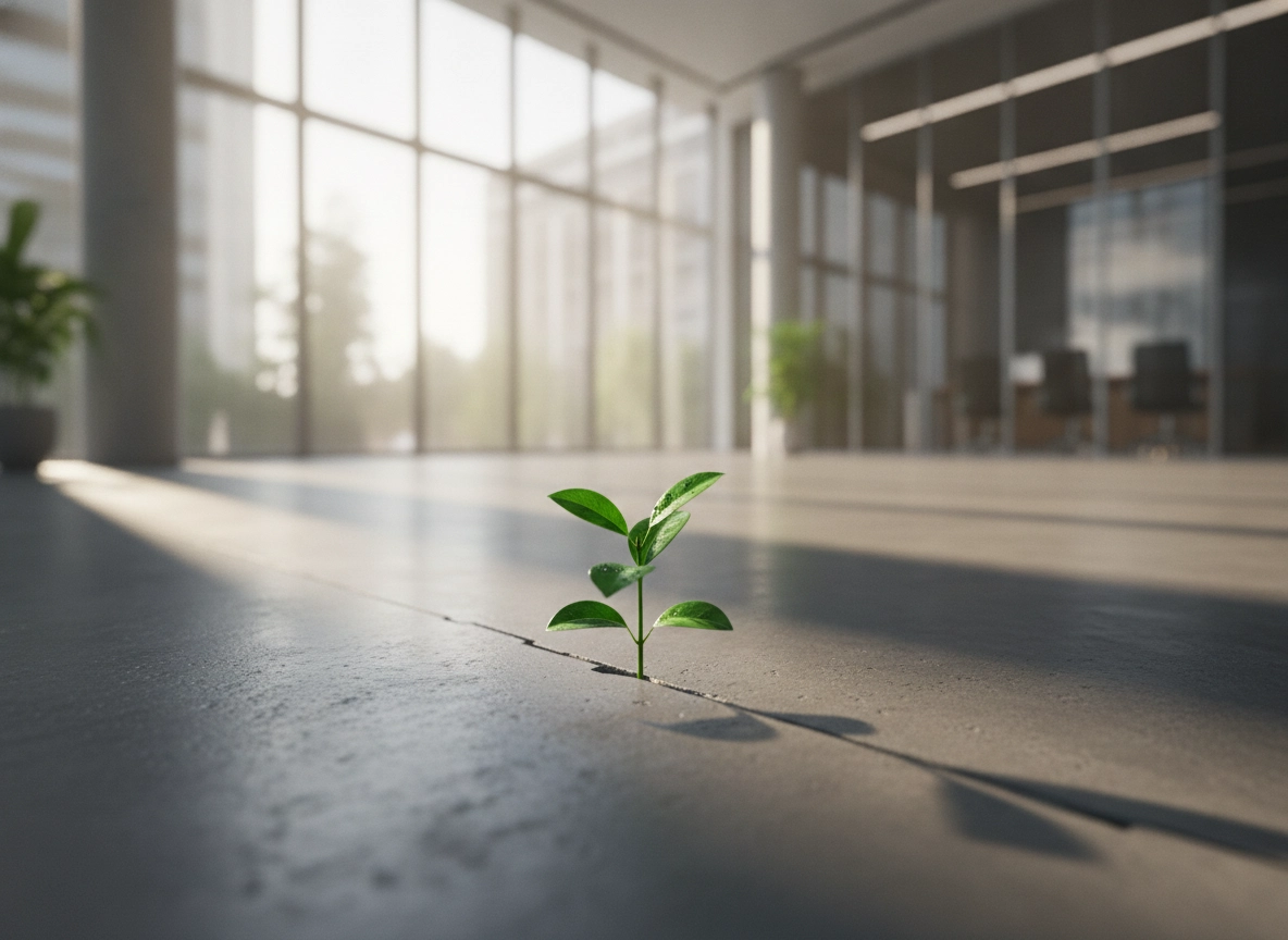 A green plant growing through office floor, symbolizing organic growth strategy and SEO return on investment.